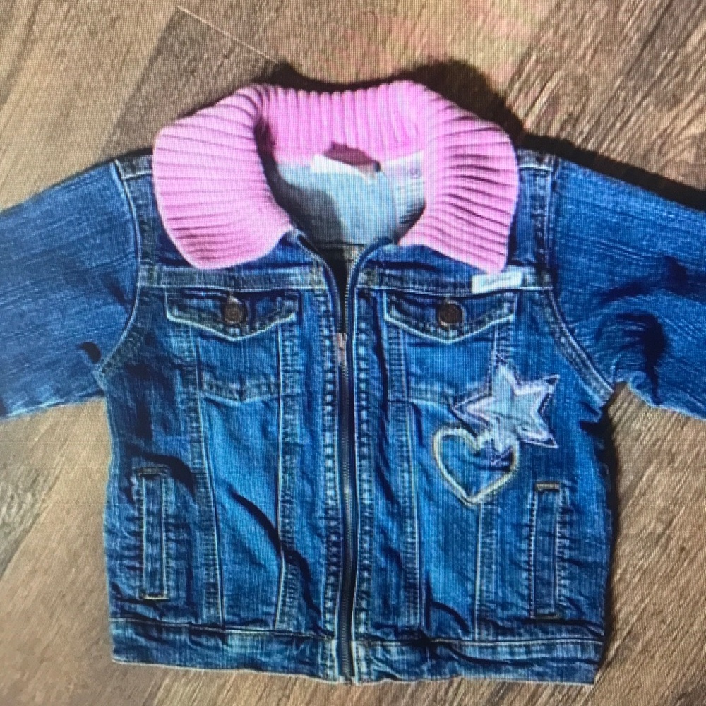 Girls' Pink Collar Denim Jacket with Star & Heart Embroidery